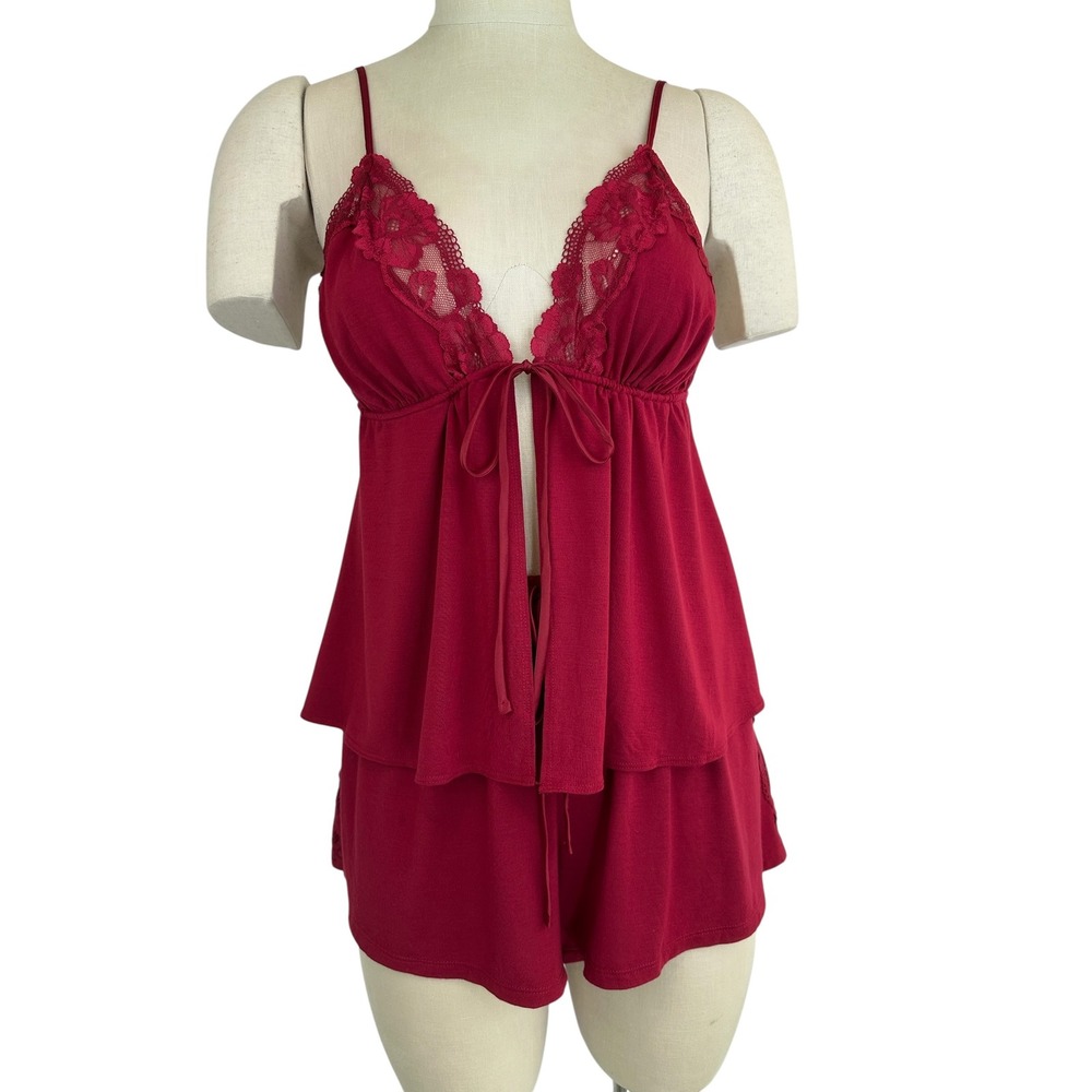 Victoria's Secret Pajama Set Lace Trim Babydoll Shorts Red Women Medium